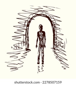 Young sad body go pass away black water hole road view deep grief spirit problem bright white text space. Hand drawn clinical soul die glow ray old gate logo icon sign design mystic doodle cartoon art