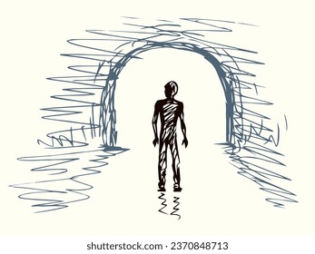 Young sad body go pass away black water hole road view deep grief spirit problem bright white text space. Hand drawn clinical soul die glow ray old gate logo icon sign design mystic doodle cartoon art