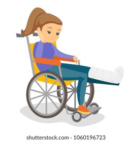 Young sad caucasian white woman sitting in a wheelchair with broken leg in gypsum. Injured upset patient with fractured leg in gypsum suffering from pain. Vector cartoon illustration. Square layout.