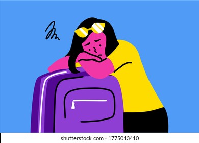  Young sad depressed frustrated woman girl traveler tourist lying on bag suitcase. End of summer vacation or holiday