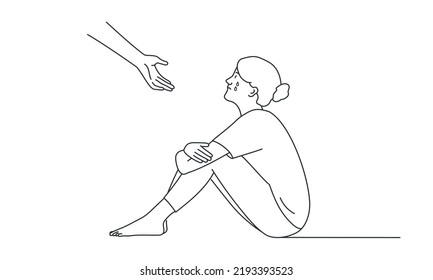 Young sad depressed woman sitting getting help, feeling lonely and unhappy. Hand drawn vector illustration. Black and white.