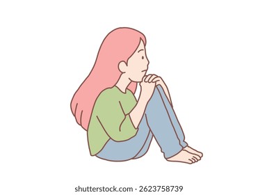 Young sad depressed woman sitting getting help and cure from stress feeling lonely and unhappy. Hand drawn style vector design illustrations.