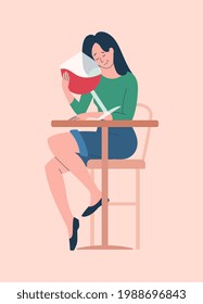 Young sad female character is sitting and holding big glass with red wine on pink background. Exhausted woman is about to drink wine alone. Flat cartoon vector illustration