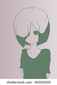 Young sad girl in anime style. Vector.