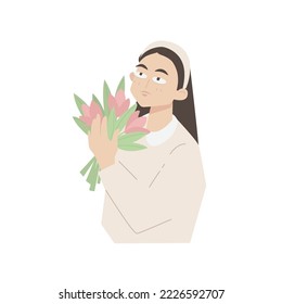 Young sad girl with a bouquet of flowers. Dreamy woman with pink tulips. Flat vector cartoon illustration