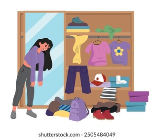 Young sad girl in front of a messy wardrobe, girl too lazy to clean her room. vector illustration