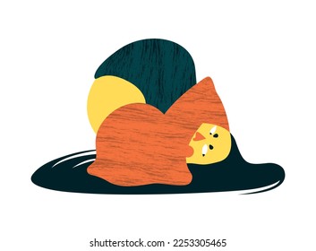 A young sad girl lies in a strange closed position. A woman hugs herself to close herself from the outside world. Image of resentment, sadness, self-isolation. Vector illustration in color.