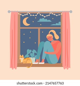 Young sad girl sits on windowsill with cat. Vector woman depression sitting in house near window, beautiful sad lonely illustration