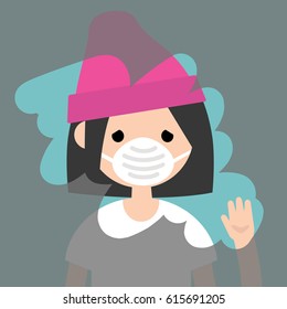 Young sad girl wiping a dirty window / flat editable vector illustration, clip art