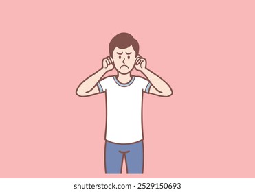 Young sad irritated man cartoon character standing covering his ears with fingers with no sounds inside. Hand drawn style vector design illustrations.