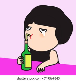 Young Sad Lonely Crying Girl Drinking A Bottle Of Wine With Straw Concept Card Character illustration