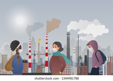 Young sad male and female people wear protecting masks suffering from manufacture pipes air polluting in the city. Industrial smog, fine dust, air pollution, pollutant gas emission.