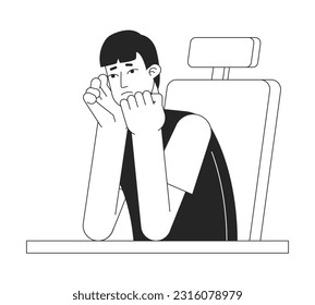 Young sad man at desk flat line black white vector character. Editable outline full body person. Male student struggling with homework simple cartoon isolated spot illustration for web graphic design