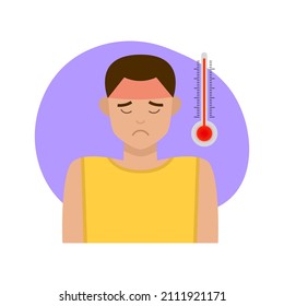 Junge traurige Mann mit hoher Temperatur und Fieber. Kopfschmerzen, Krankheit. Thermometer. Flache Vektorgrafik auf weißem Hintergrund.  Coronavirus, Grippebegriff