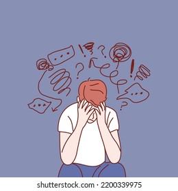Young sad man sitting and unhappy. Hand drawn style vector illustrations.