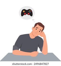 Young sad man thinking about video games. Flat vector illustration isolated on white background