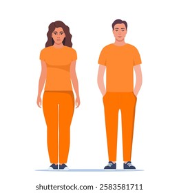 Young sad man and woman dressed in orange prisoner uniform isolated on white background. Suspect, convicted criminal, arrested or punished person.