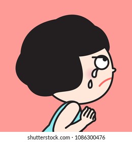 Young Sad Moody Dark-haired Woman In Profile, On Pink Background Concept Card Character illustration