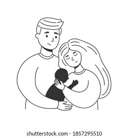 Young sad parents  hugging  baby shadow and cry. Mother  and father hold imaginary child.  Pregnancy loss, abortion, Miscarriage, Infertility vector concept. Black and white simple art