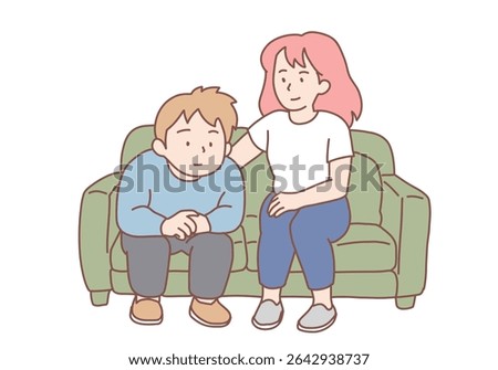 Young sad sitting on sofa, touching shoulder of depressed man and trying to help or support him. Support, mental depression, suicide prevention day concept. Hand drawn style vector design illustration
