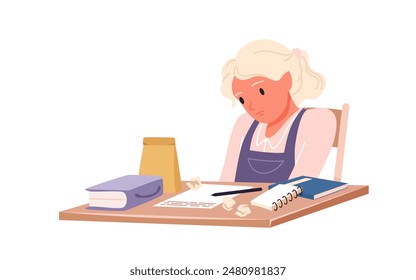 Young sad student with education problem, learning difficulty. Lazy or bored girl feeling tiredness doing school homework, scene with pupil trying to write essay at table cartoon vector illustration