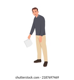 Young Sad and Tired business man standing and holding paper document. Flat vector illustration isolated on white background