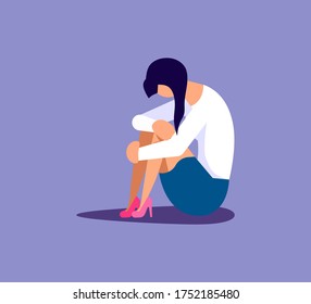 Young sad and unhappy woman sitting on the ground and hugs her knees. Sadness and depression concept. Isolated on purple. Flat Art Vector Illustration