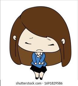 Young sad woman bow to apology and feel sorry. Public relations And receptionist. Blue formal uniform suit clothes. Cartoon chibi character vector.