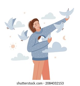 Young sad woman frees the birds from her chest. A girl with a hole in her chest concept. The psychological metaphor of mental health, manipulation or dependence. Vector flat hand drawn illustration