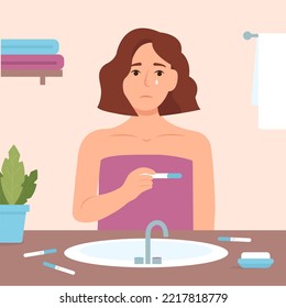 Young sad  woman holding pregnancy test with negative result. Woman In despair. Negative pregnancy test. Vector illustration