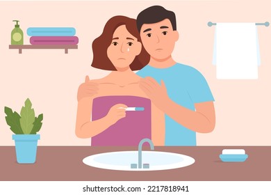 Young sad  woman holding pregnancy test with negative result. Husband consoling and care about sad, depressed wife.Idea of infertility. Woman In despair. Negative pregnancy test. Vector illustration