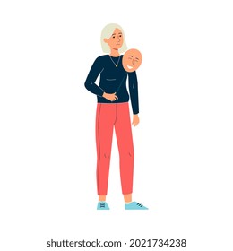 A young sad woman holds a mask of cheerful mood. The concept of changing emotions in accordance with social requirements. Vector flat illustration isolated on a white background.