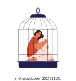 Mujer triste joven encerrada en una jaula de pájaros. Restricción de libertad, concepto de violencia doméstica. Ilustración plana de Vector de dibujos animados aislada sobre fondo blanco. Esclavitud femenina, víctima en la cárcel o prisión