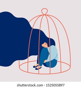 Young sad woman locked in a cage. Concepts of restrictions on the ability of women in society. Human character illustration