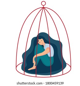 Young sad woman locked in a cage. Unhappy girl sitting and hugging her knees. Concepts of restrictions on the ability of women in society. Flat vector illustration of psychological concept.