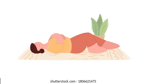 Young sad woman lying on the floor. Exhausted sick tired female hugs herself. Mental health problems and treatment of depression psychological help. Vector illustration in flat style. Relax concept