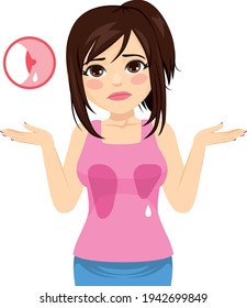 Junge traurige Frau mit Milchfarben-Hemdproblem