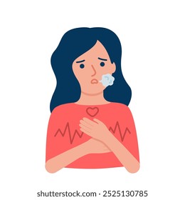 Young sad woman with panic attack, stress, shock. Taking care of psychological health in case of anxiety, disorder, fear, other mental problems. Breathing. Girl character illustration