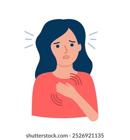 Mujer triste joven con ataque de pánico, estrés, shock. Cuidar la salud psicológica en caso de ansiedad, trastorno, miedo, otros problemas mentales. Dolor de cabeza, latidos del corazón. Ilustración de personaje de niña