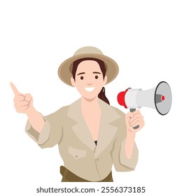 Young safari or zookeeper woman holding megaphone talking about warning. Flat vector illustration isolated on white background