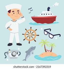 Junge Seemann oder Kapitän in einheitlicher Position mit Elementen der Besatzungsflotte, im Cartoon-Stil, Vektorgrafik