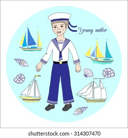 Young sailor. Hand drawn boy and ships. Vector Illustration