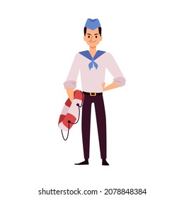 Young sailor or seaman cartoon character holding lifebuoy, flat vector illustration isolated on white background. Ship crew seaman rank or maritime profession personage.