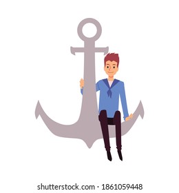 Young sailor or shipboy cartoon character sitting on ship anchor, flat vector illustration isolated on white background. Sailing and marine cruise image or emblem.