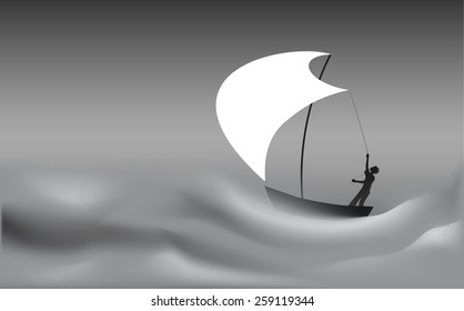 Young Sailor Silhouette  Holding The White Sail On The Boat In Storm Sea, Black And White, Vector 