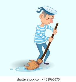 young sailor in uniform with mop and bucket Funny cartoon vector illustration eps10