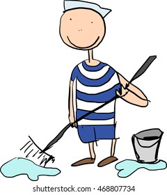 Young sailor washes a floor mop. Slippery and wet floor