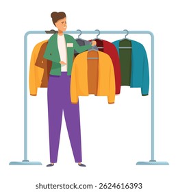 Young saleswoman is arranging clothes on hangers on a metal clothing rack