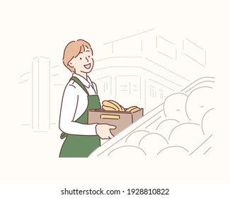 Young saleswoman on fruit market holding fruits and looking at camera. Hand drawn style vector design illustrations.