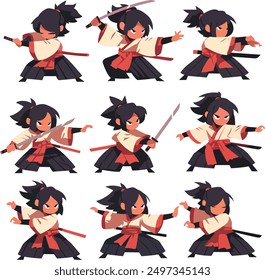 A Young Samurai, vector illustration. wearing a beautiful patterned kimono and long sword, Dynamic Poses. cartoon animation style illustration